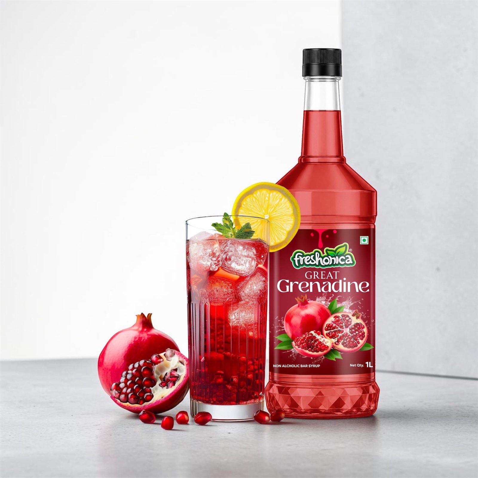 Freshonica Great Grenadine Syrup | Premium Non Alcoholic Bar Mixer for Cocktails Mocktails and Beverages | Vibrant Red Colour and Fruity Flavour | 1 Litre