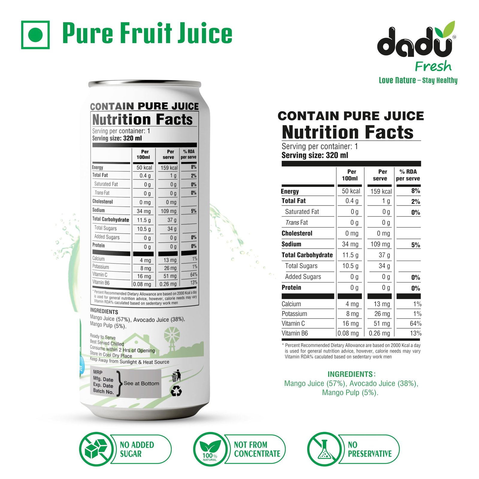 Dadu Fresh Avocado & Mango Juice | Pure Natural Fruit Healthy Beverage | Not from Concentrate, No Added Sugar, No Preservatives or Artificial Flavours | Vitamin Rich & Naturally Refreshing | 6 Cans x 320ml (1920ml) - Image 8