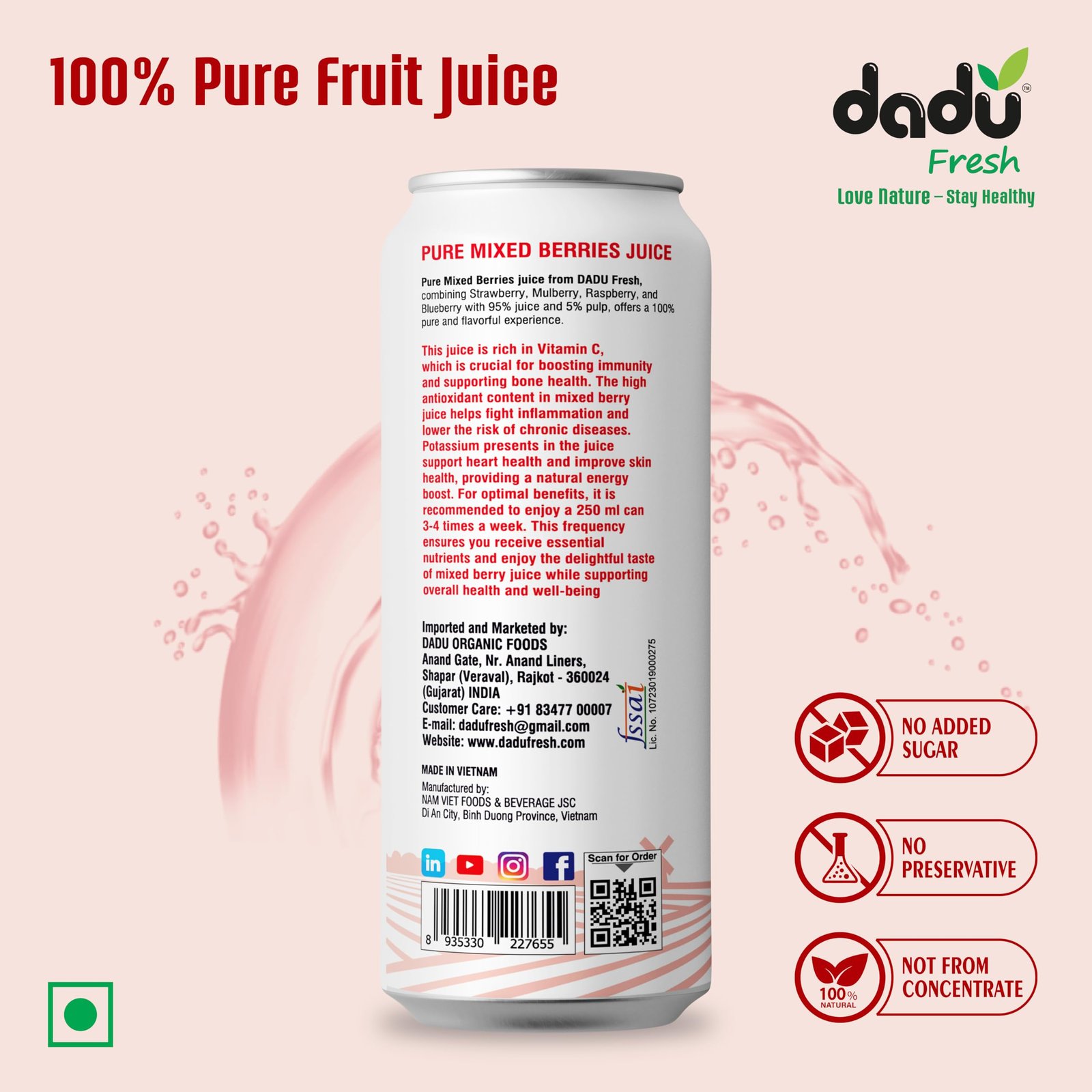 Dadu Fresh Mixed Berries Juice | Pure Natural Juice | Not from Concentrate | No Added Sugar | No Preservatives or Artificial Flavors | Blend of Strawberries, Blueberries, Mulberries & Raspberries | 250ml (Pack of 4) - Image 6