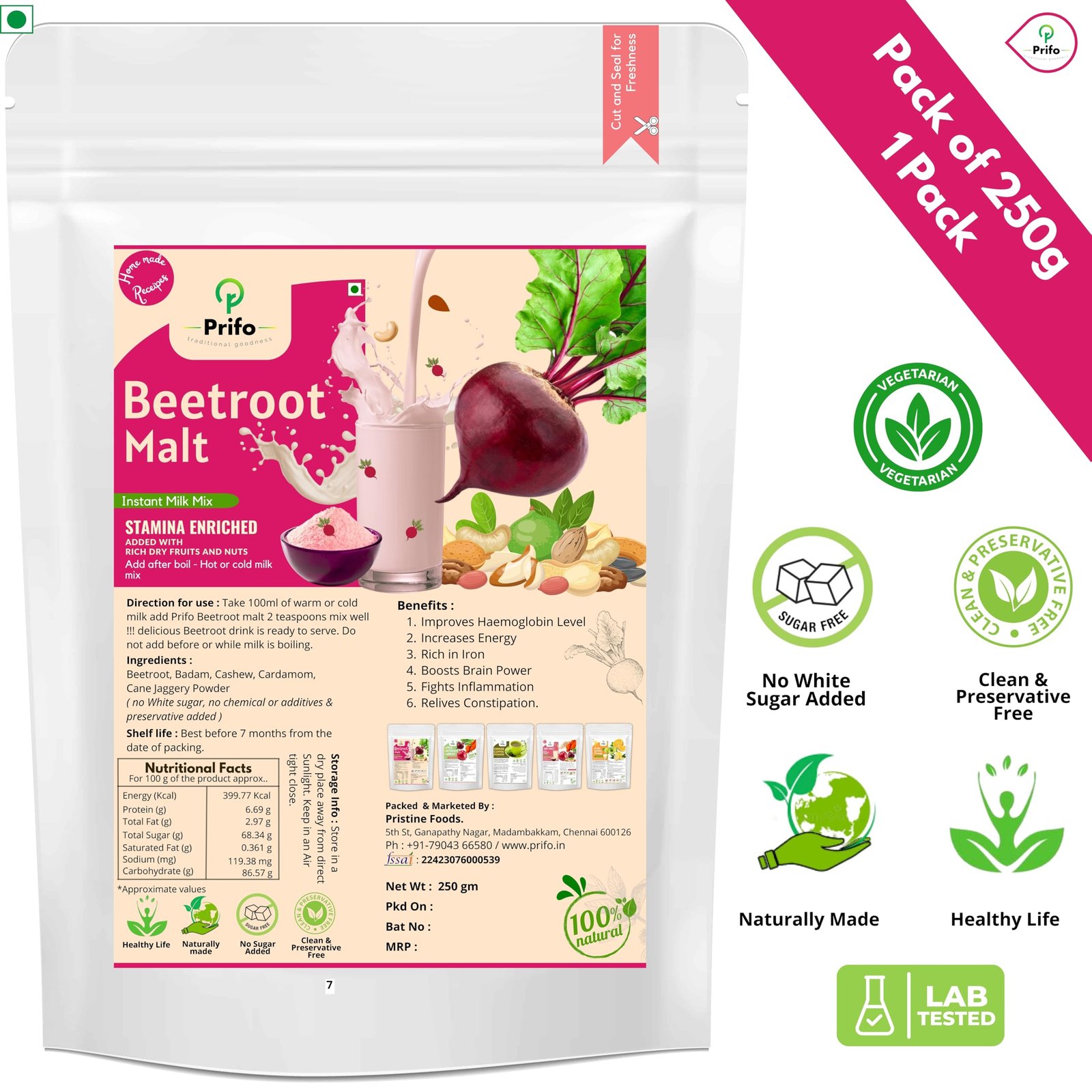 Prifo Beetroot Milk Mix Powder | No White Sugar | Enriched with Almonds, Cashews & Cardamom | 100% Natural | Immunity Booster | Instant Healthy Drink for Kids & Adults | 250g - Image 2