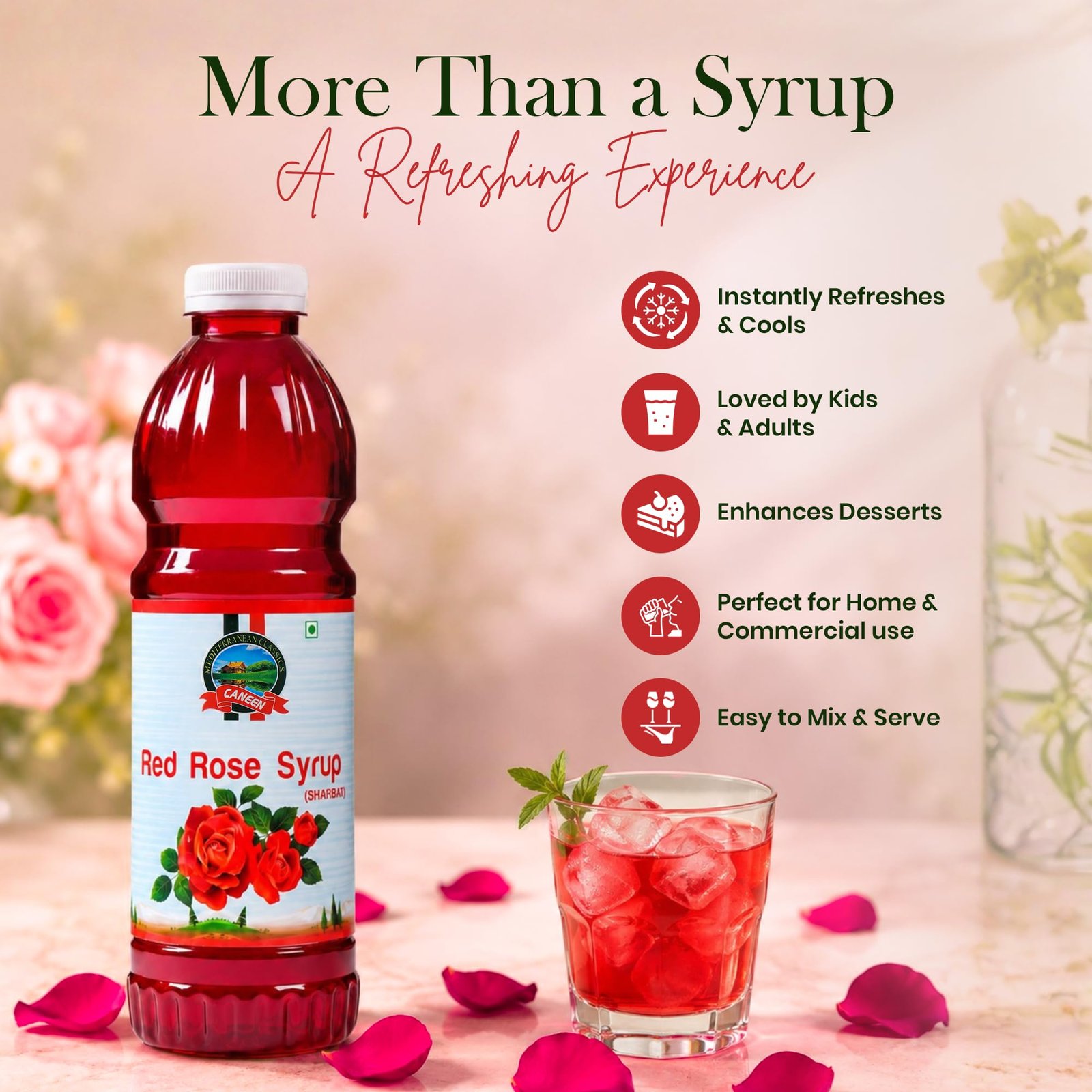 Caneen Red Rose Syrup 1ltr | Premium Rose Drink Syrup for Mocktails, Cocktails, Milk, Juices & Summer Beverages | Refreshing Floral Flavor | Non-Alcoholic Drink Mixer | pack of 1 - Image 5
