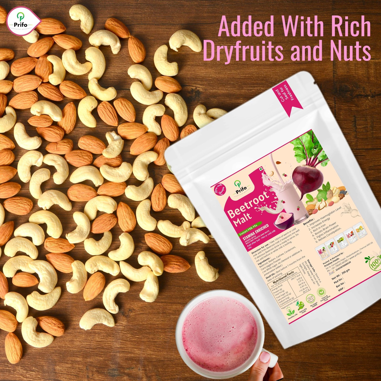 Prifo Beetroot Milk Mix Powder | No White Sugar | Enriched with Almonds, Cashews & Cardamom | 100% Natural | Immunity Booster | Instant Healthy Drink for Kids & Adults | 250g - Image 3